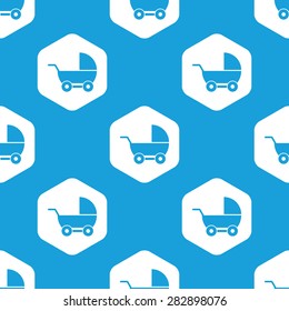Blue image of perambulator in white hexagon, repeated on blue