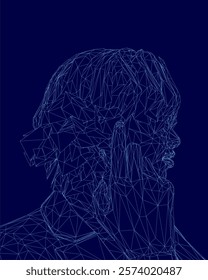 Blue image of a person with a face. The face is made up of lines and dots, giving it a 3D appearance. The image is abstract and has a futuristic feel to it