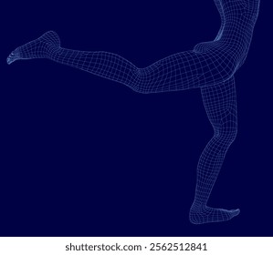 Blue image of a person in a pose. The image is of a person in a pose, with their legs spread apart. The pose is dynamic and energetic