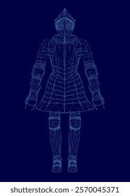 Blue image of a person in a suit. The suit is made of metal and has a sword on it. The person is standing with their hands on their hips