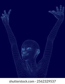 Blue image of a person with their arms raised in the air. The image has a futuristic and abstract feel to it, with the person's body appearing to be made up of lines and shapes