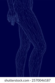 Blue image of a person's legs with a blue outline. The legs are shown in a very detailed and intricate way, with many lines and curves. The image has a futuristic