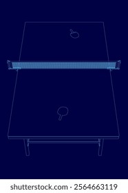 Blue image of a ping pong table with a net. The table is empty and the net is in the middle of the table