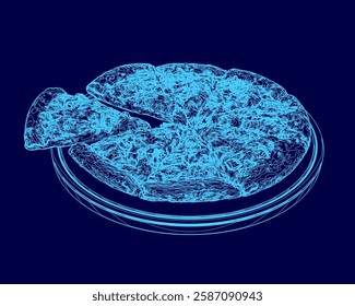 A blue image of a pizza with a slice missing. The pizza is on a plate and the slice is missing from the top left corner