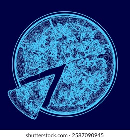 A blue image of a pizza with a slice. Top view. Vector illustration