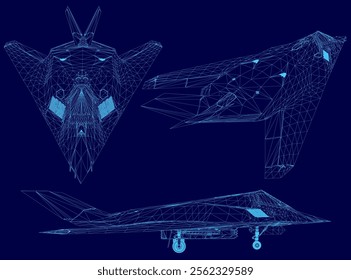 Blue image of a plane with a blue background. The plane is shown in three different views