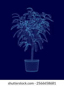 Blue image of a plant in a pot. The image is a digital drawing of a plant, and it is a stylized representation of a plant