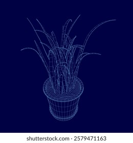 Blue image of a plant in a pot. The plant is shown in a 3D format, with its leaves and stem clearly visible. Concept of depth and realism