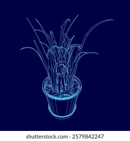 Blue image of a plant in a pot. The plant is in a small pot and is surrounded by a blue background