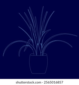 Blue image of a plant in a pot. The plant is tall and thin, with a long stem and leaves. The pot is small and round, and the plant is placed in the center of the image