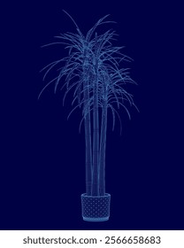 Blue image of a plant in a pot. The plant is tall and has a lot of leaves. The image has a calm and peaceful mood