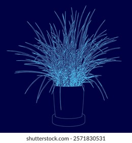 Blue image of a plant in a pot. The plant is tall and has long green leaves. The pot is small and has a blue base. The image has a calming and peaceful mood