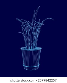 Blue image of a plant in a pot. The plant is tall and thin, with long leaves. The pot is also blue, and it is placed on a blue background