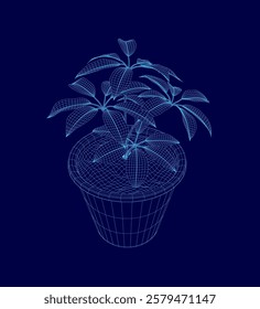 Blue image of a plant in a blue vase. The plant is in a 3D form and he is a digital drawing