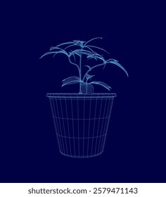 Blue image of a plant in a blue vase. The plant is small and he is a type of flower. The vase is also blue and has a pattern on it. The image has a calming and peaceful mood