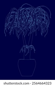 Blue image of a plant in a vase. The plant is tall and has long branches. The image has a calm and peaceful mood