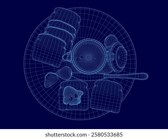 Blue image of a plate of food with a spoon and a knife. The plate is filled with various food items such as bread, jelly, and a cup. Concept of abundance and variety