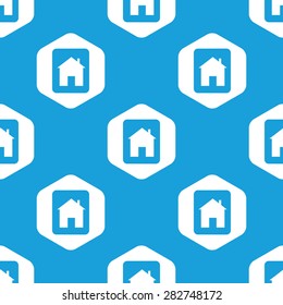 Blue image of plate with house picture in white hexagon, repeated on blue
