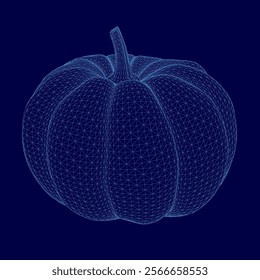 Blue image of a pumpkin. The pumpkin is shown in a 3D format, with a stem and a leaf. The image has a futuristic and artistic feel to it