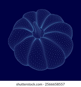 Blue image of a pumpkin. The pumpkin is shown in a 3D format, with a blue background. The pumpkin is surrounded by a lot of lines, giving it a very detailed and intricate appearance