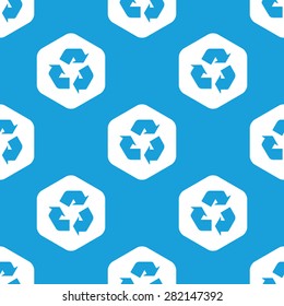 Blue image of recycle sign in white hexagon, repeated on blue