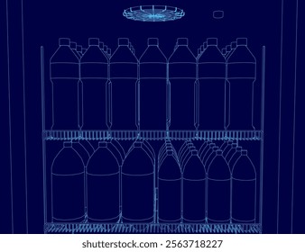 Blue image of a refrigerator with many bottles inside. The bottles are all different sizes and are lined up in rows. Concept of organization and order, as well as a feeling of abundance