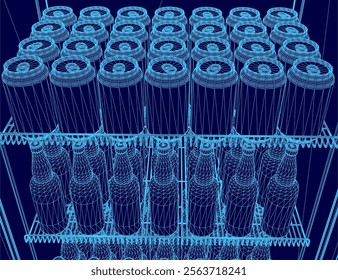 Blue image of a refrigerator with many cans of soda. The image is in a stylized, pixelated format