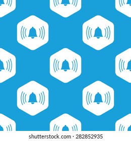 Blue image of ringing bell in white hexagon, repeated on blue