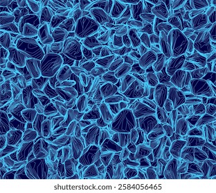 A blue image of rocks and pebbles. The image is a close up of the rocks and pebbles, with the blue color creating a contrast. The image has a calm and serene mood