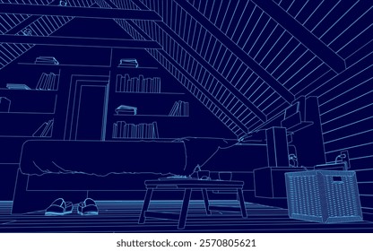 Blue image of a room with a bed and a desk. The room is empty and the blue and white color scheme gives it a calm and peaceful mood