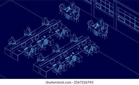 Blue image of a room with a few people sitting at desks. The room is shown in a 3D format, with the desks and chairs arranged in a way that suggests a workspace