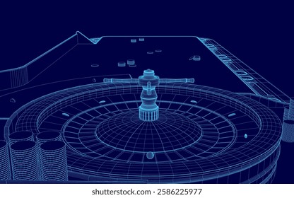 A blue image of a roulette table with a blue background. The table is shown in a stylized way, with the roulette wheel and table top being the main focus