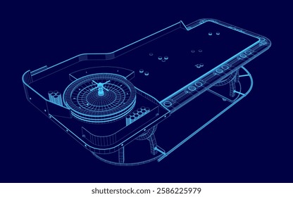 A blue image of a roulette table with a blue background. The table is shown in a stylized way, with the roulette wheel and table top being the main focus