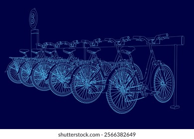 Blue image of a row of bicycles. The bicycles are parked next to a sign that says "Bike Rack". The image has a calm and peaceful mood, as the bicycles are neatly lined up