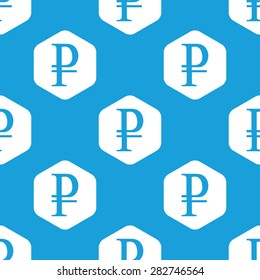 Blue image of ruble symbol in white hexagon, repeated on blue