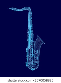 Blue image of a saxophone. The image is in a blue color scheme