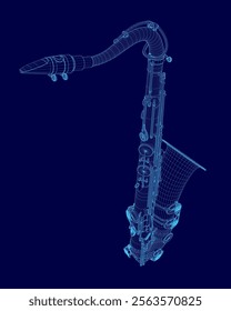 Blue image of a saxophone. The saxophone is shown in a 3D format, with a blue background. Concept of depth and realism, making the saxophone appear as if it is in the foreground