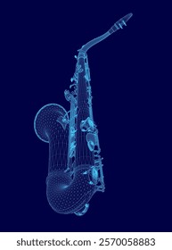 Blue image of a saxophone. The saxophone is shown in a stylized way, with a blue background and a white outline. Concept of creativity and artistic expression