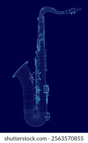 Blue image of a saxophone. The image is a stylized drawing of a saxophone, with a blue background. The saxophone is shown in a very detailed and realistic manner