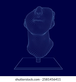 A blue image of a sculpture human half head with a blue background. The half head is a 3D model of a person, and it is a sculpture. The sculpture is made of a material that gives it a shiny