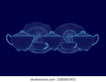 A blue image of a set of dishes, including bowls and cups. The image is in a stylized, pixelated format