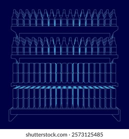 Blue image of a shelf with many bottles and books. The shelf is divided into three sections, with the middle section having the most bottles and the top section having the most books