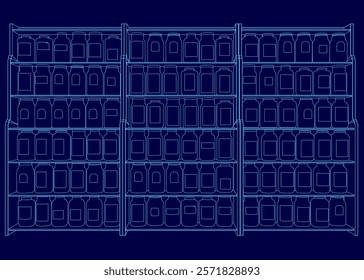 Blue image of a shelf with many jars on it. The shelf is divided into three sections