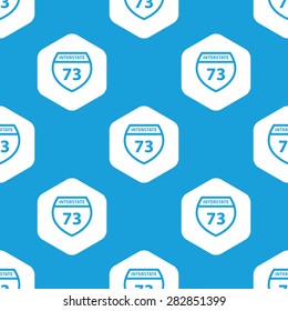 Blue image of shield with text Interstate 73 in white hexagon, repeated on blue