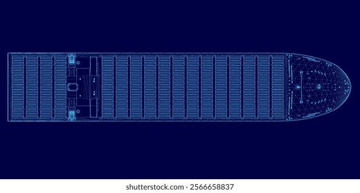 Blue image of a ship with a blue background. The ship is shown in a very detailed and precise manner, with every part of it clearly visible