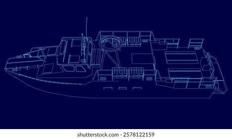 Blue image of a ship with a blue background. The ship is shown in a 3D format, with a lot of detail and a sense of depth. Scene is one of exploration and adventure