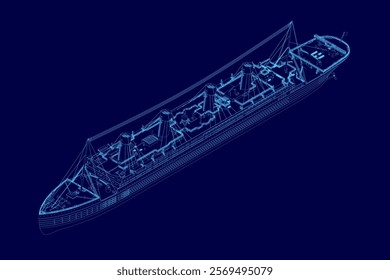 Blue image of a ship. The ship is shown in a 3D format, with a lot of detail and a sense of depth