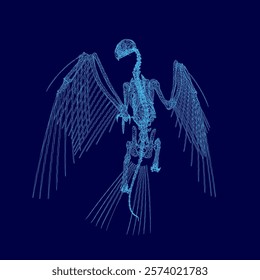 Blue image of a skeleton bird is displayed. The bird is positioned in the center of the image, with its wings spread out. The background is a deep blue color