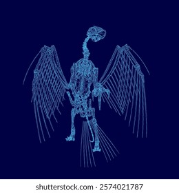 Blue image of a skeleton bird with a blue wing. The skeleton bird is shown in a blue color scheme