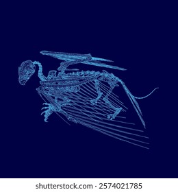 Blue image of a skeleton with a dragon on it. The skeleton is in a blue color scheme